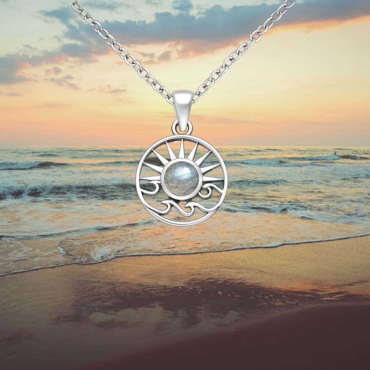 Sun/Waves Labradorite Sterling Pendant