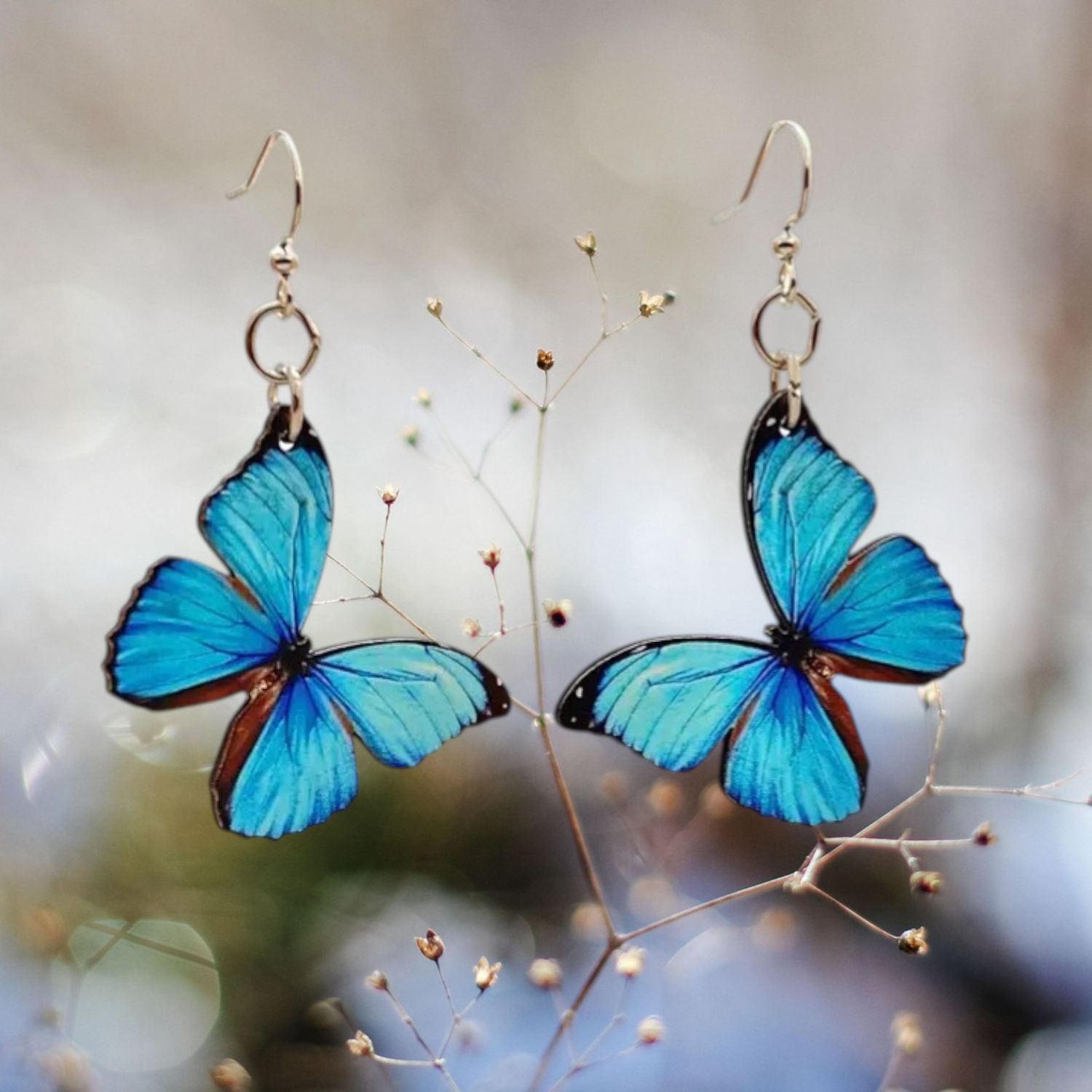 Wood Blue Butterfly Earrings