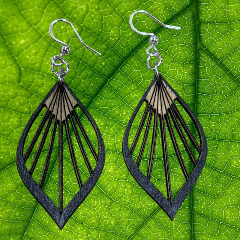 Wood Black Fan Leaf Earrings