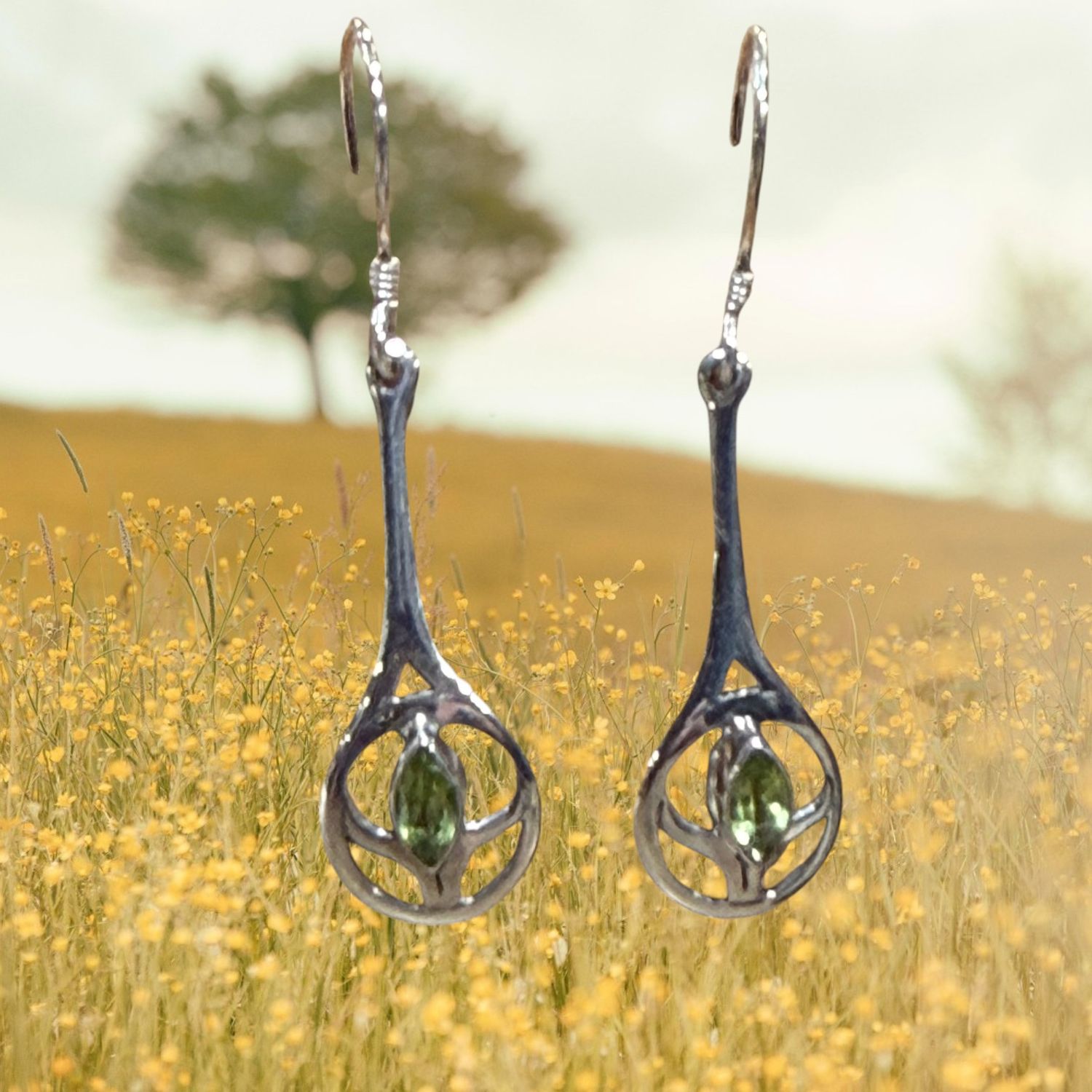 Drop Peridot Flower Sterling Silver Earrings