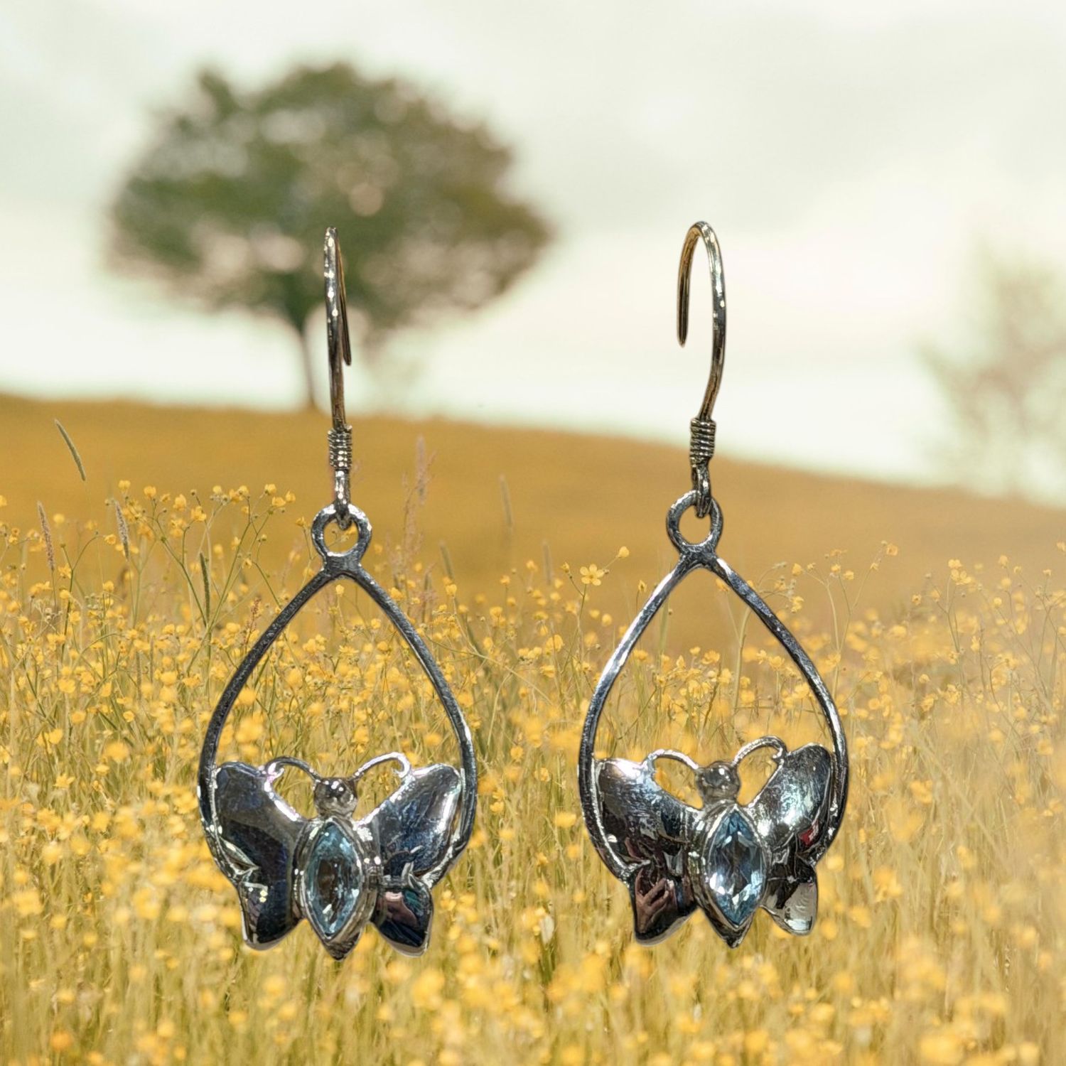 Oval Butterfly Blue Topaz S/S Earrings