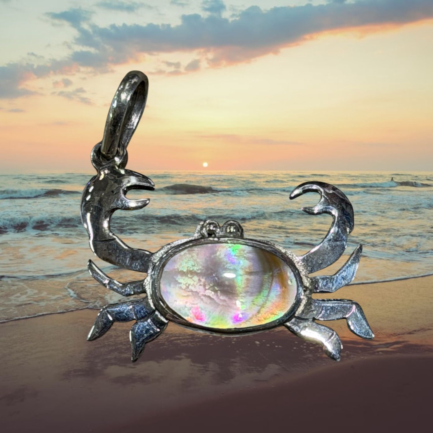 Tan Paua Shell Crab Sterling Pendant