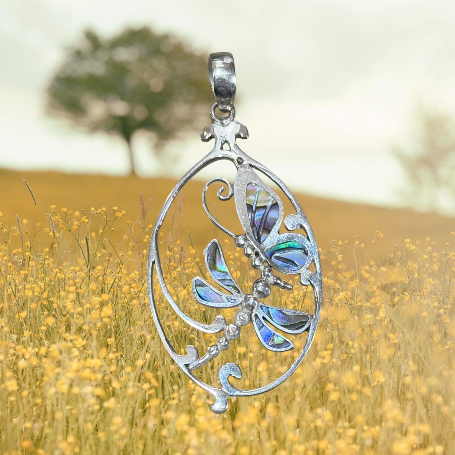 Dragonfly and Butterfly Abalone Sterling Pendant