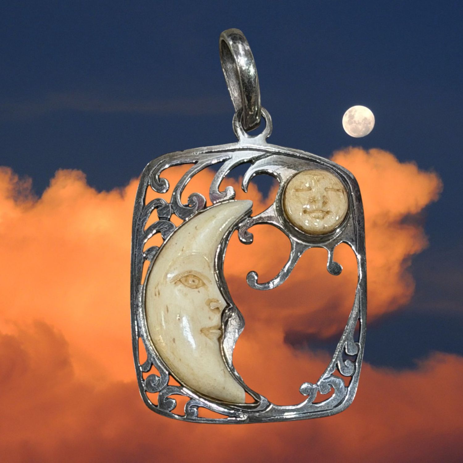 Carved Bone Sun &amp; Moon Sterling Pendant
