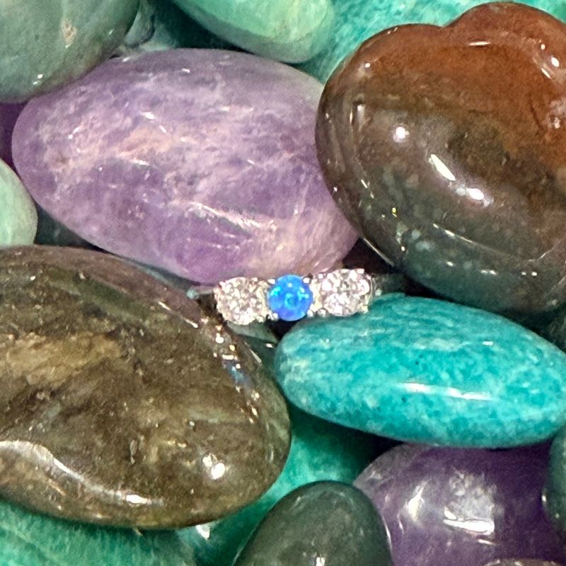 3 Stone CZ/Blue Fire Opal S/S Ring