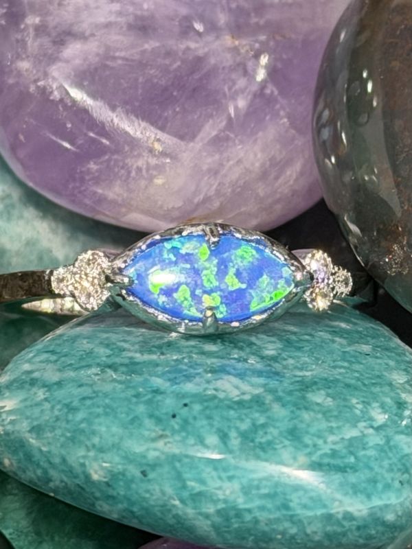 East/West Blue Fire Opal/CZ S/S Ring