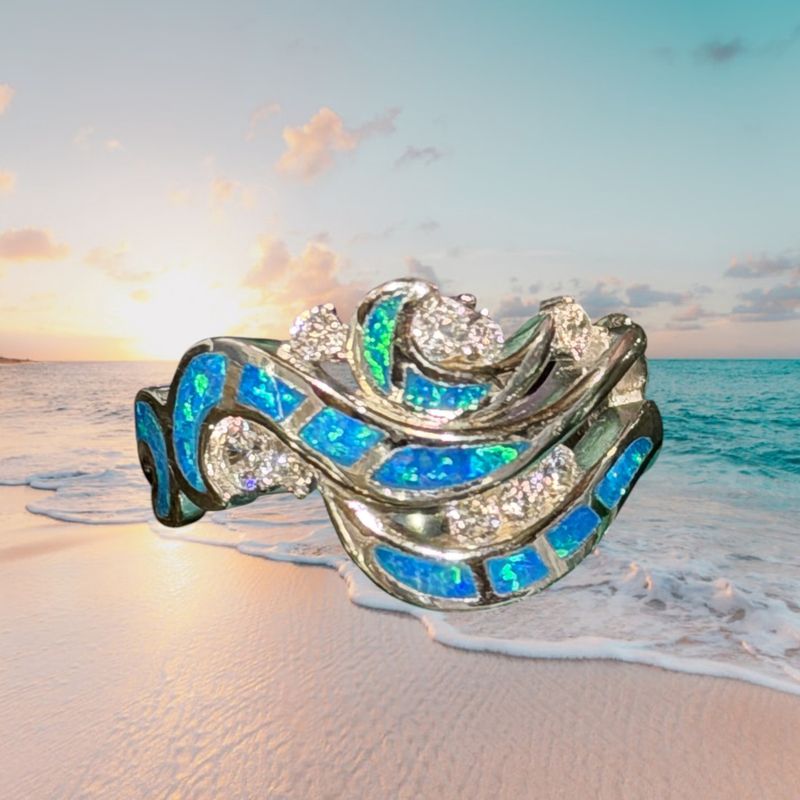 CZ/Blue Fire Opal Waves S/S Ring