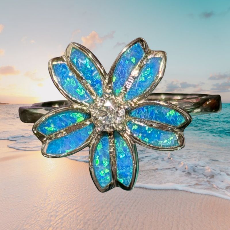 CZ/Blue Fire Opal Flower S/S Ring
