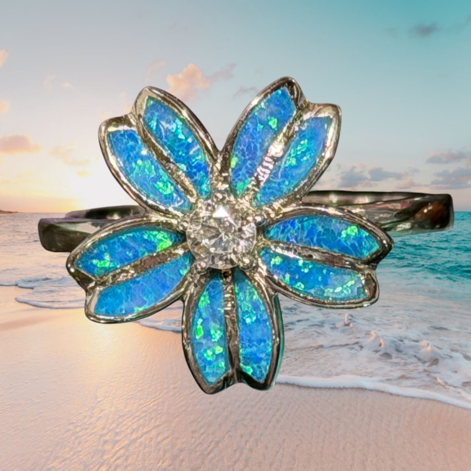CZ/Blue Fire Opal Flower S/S Ring, Size: size 6