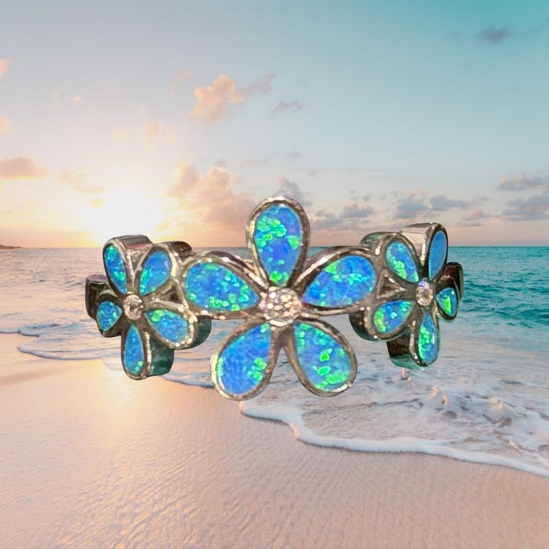Triple Flower Blue Fire Opal S/S Ring