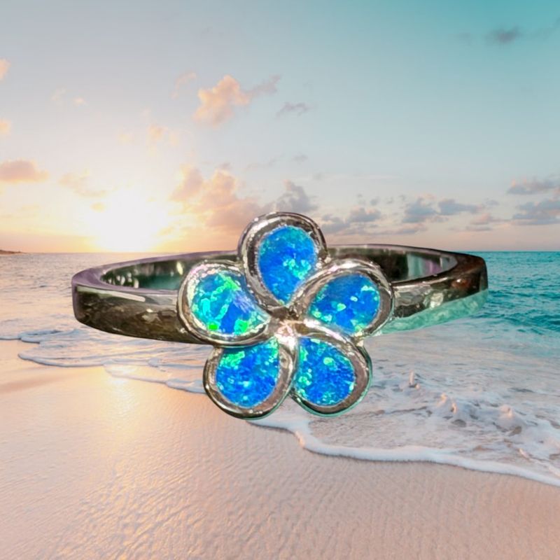 Small Flower Blue Fire Opal S/S Ring
