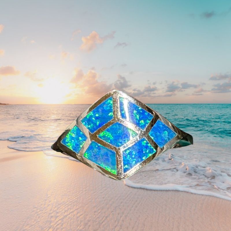 Diamond Shape Blue Fire Opal S/S Ring