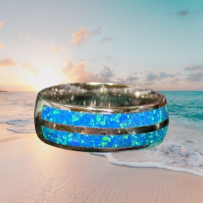 Blue Fire Opal S/S Inset Band Ring