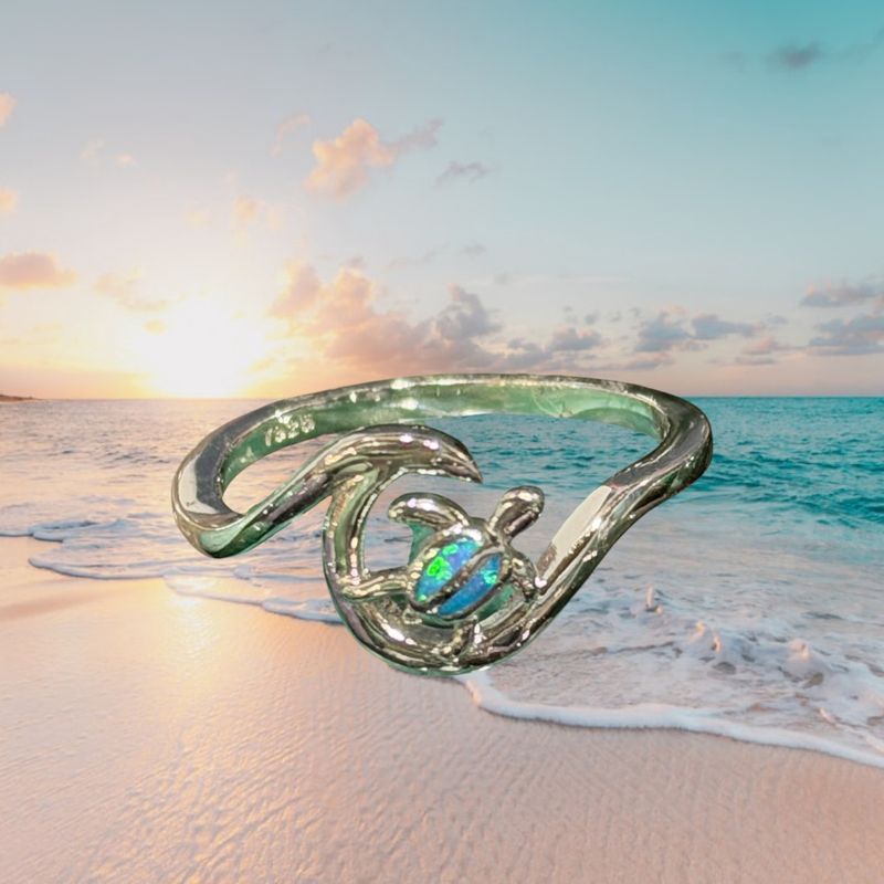 Wave Turtle Blue Fire Opal S/S Ring