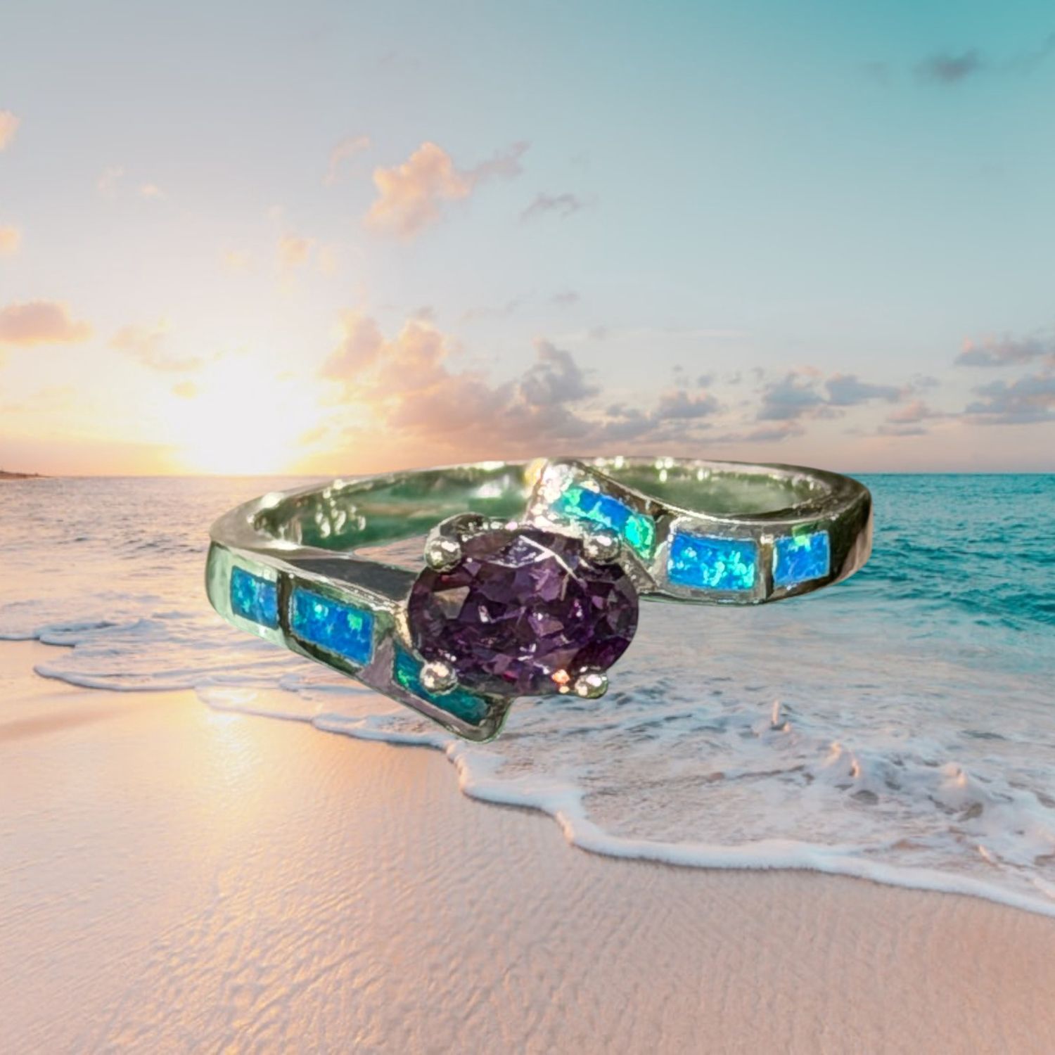 Bypass Blue Fire Opal/Amethyst S/S Ring, Size: size 7