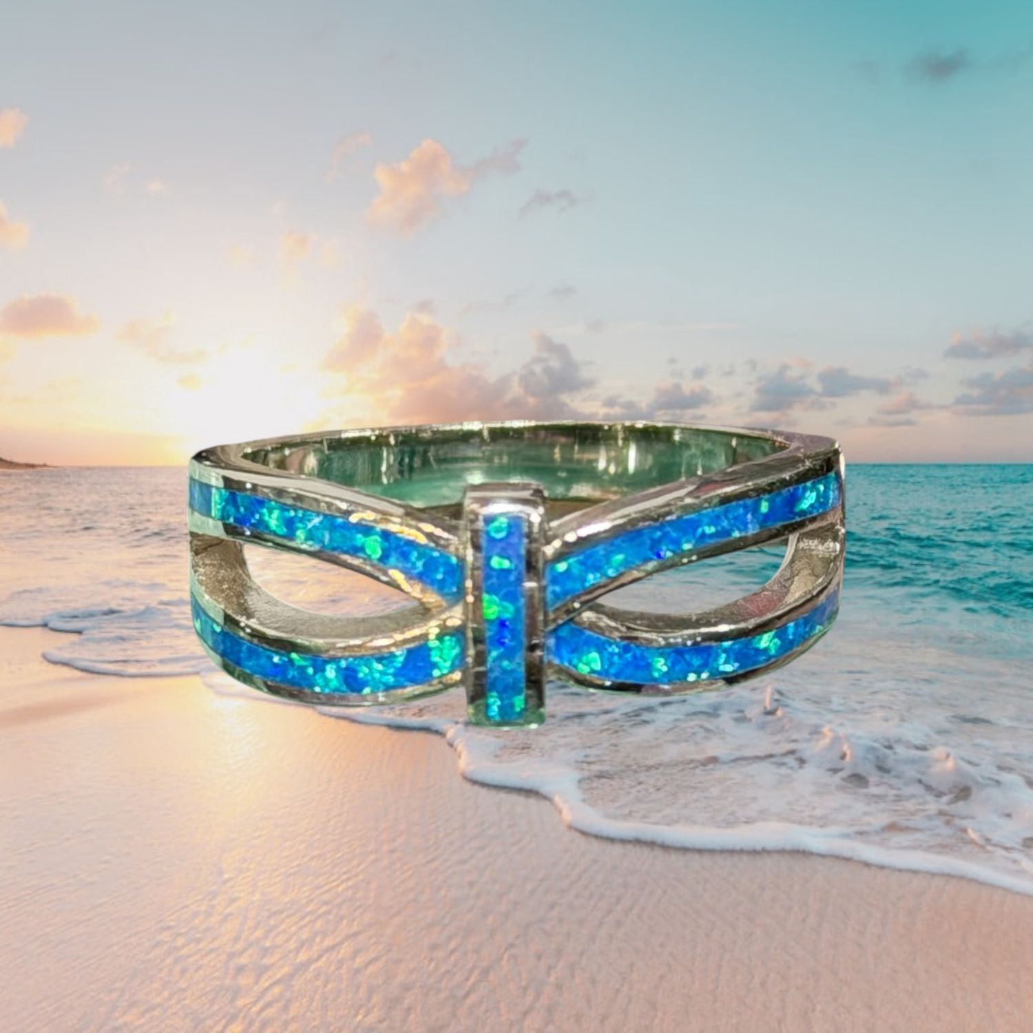 Pinched Blue Fire Opal S/S Band, Size: size 5