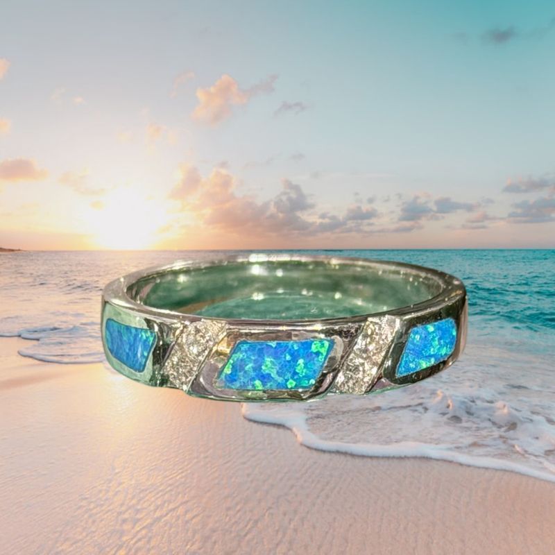 CZ Inset Blue Fire Opal S/S Band