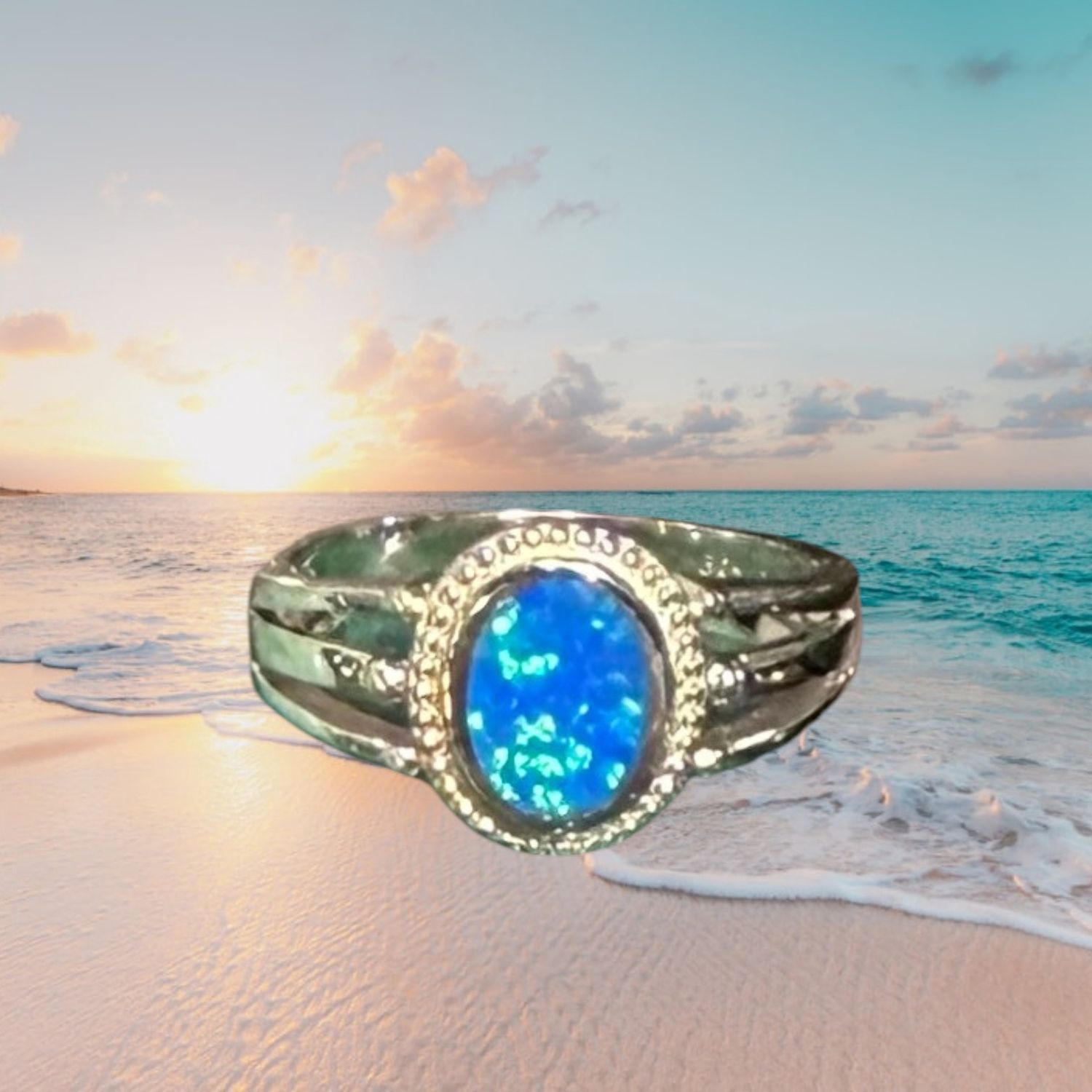 Split Shank Oval Blue Fire Opal S/S Ring, Size: size 6
