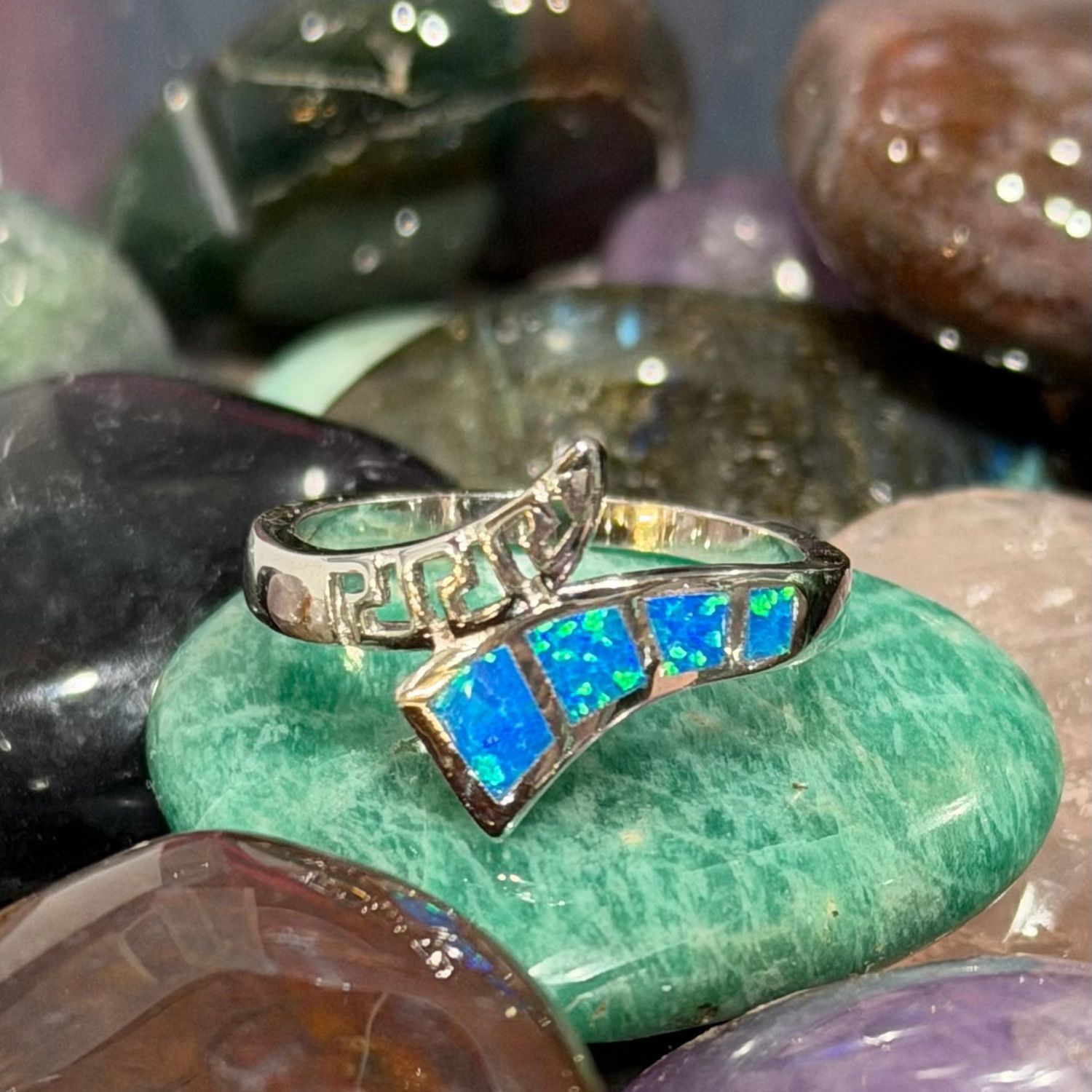 Greek Blue Fire Opal Bypass S/S Ring, Size: size 6