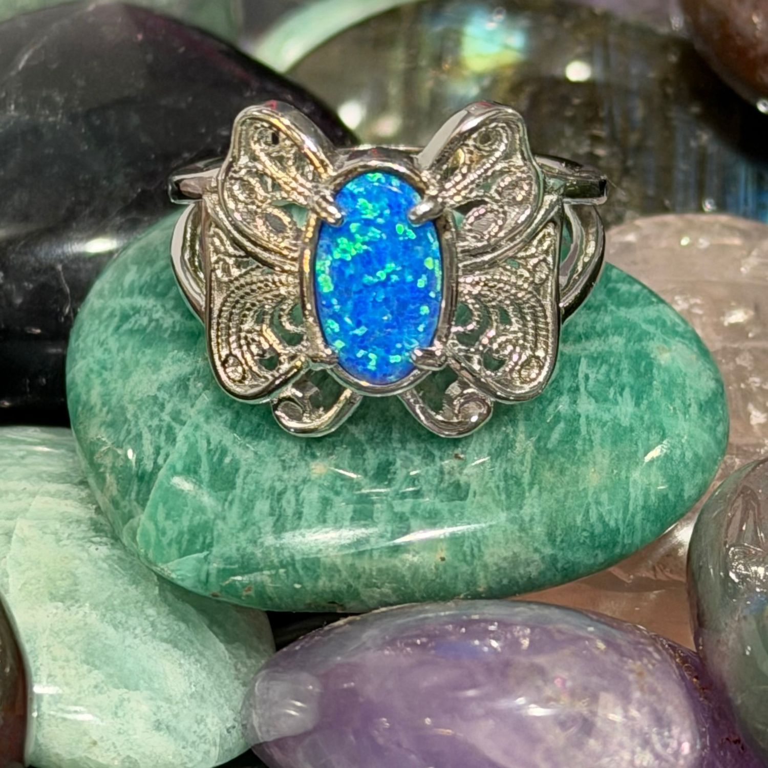 Butterfly Blue Fire Opal S/S Ring, Size: size 7