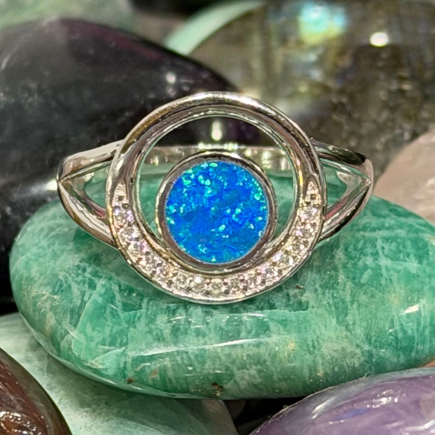 CZ Moon Blue Fire Opal S/S Ring, Size: size 7