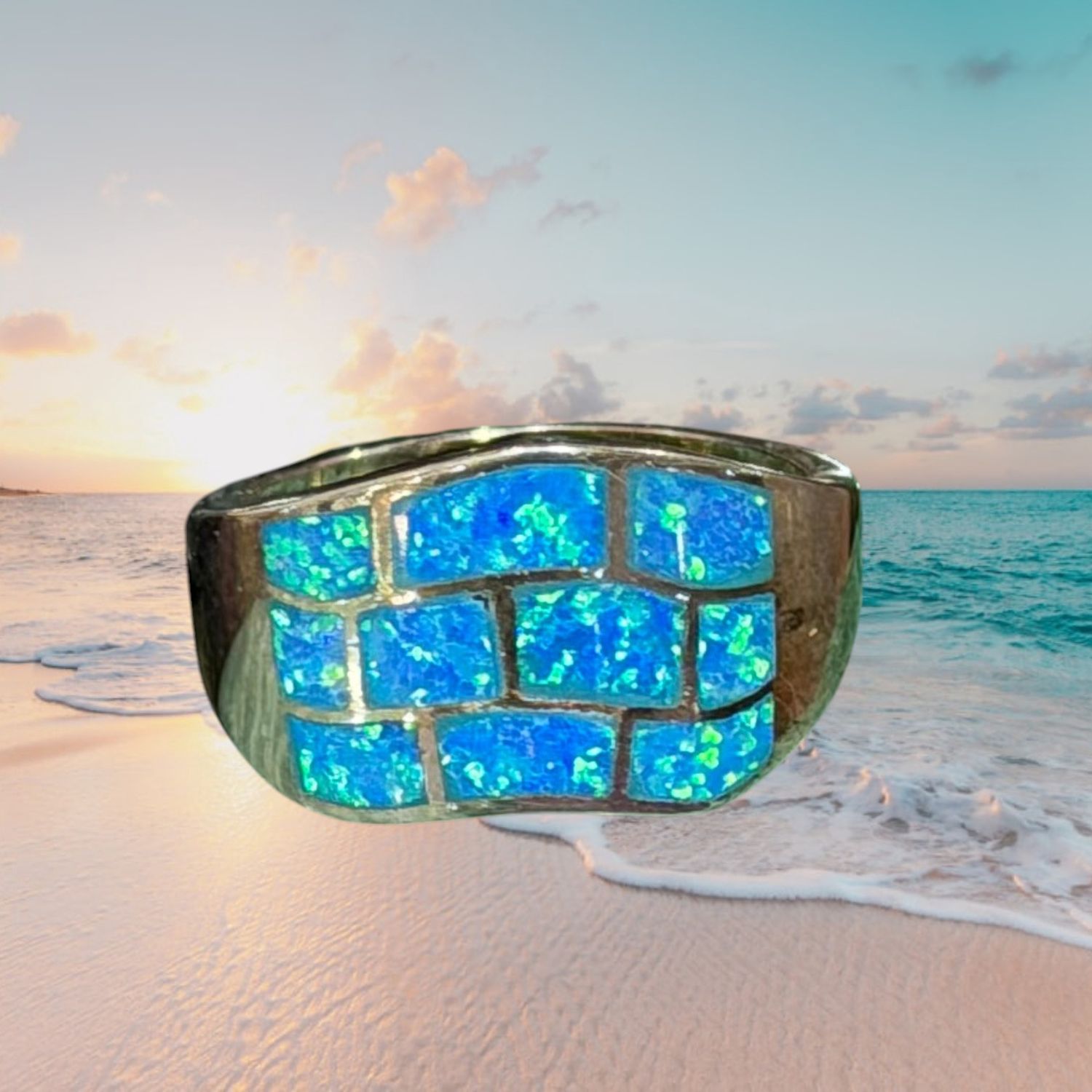 Wide Geo Blue Fire Opal S/S Band, Size: size 7
