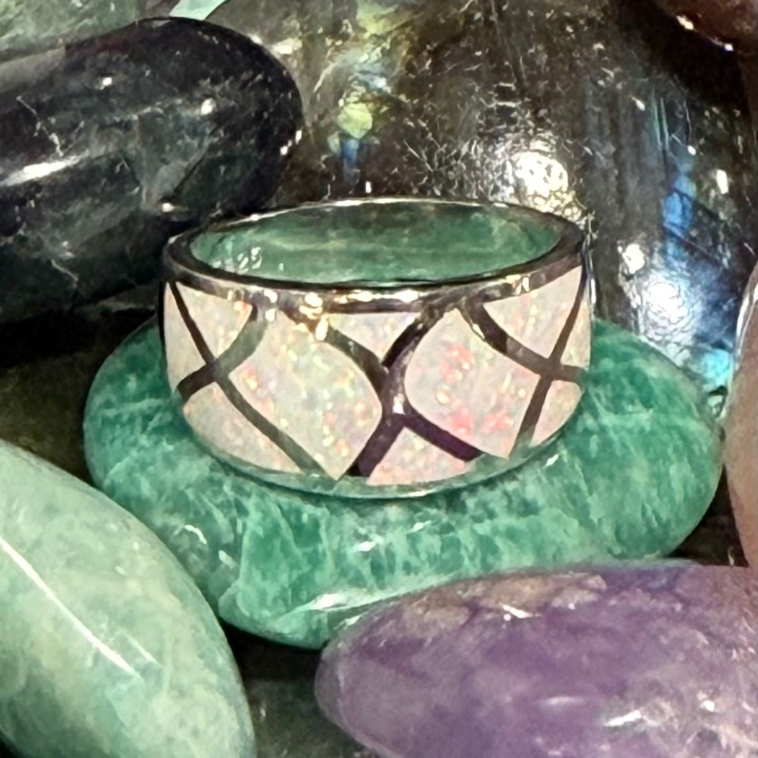 Geo White Fire Opal S/S Wide Band, Size: Size 9