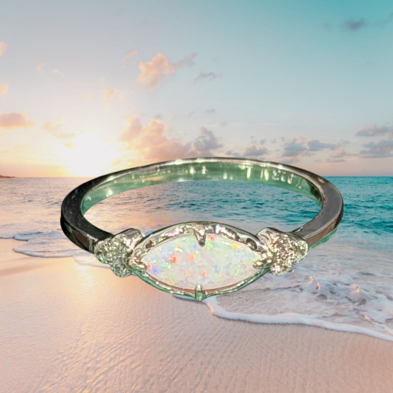 East/West White Fire Opal/CZ S/S Ring, Size: Size 9