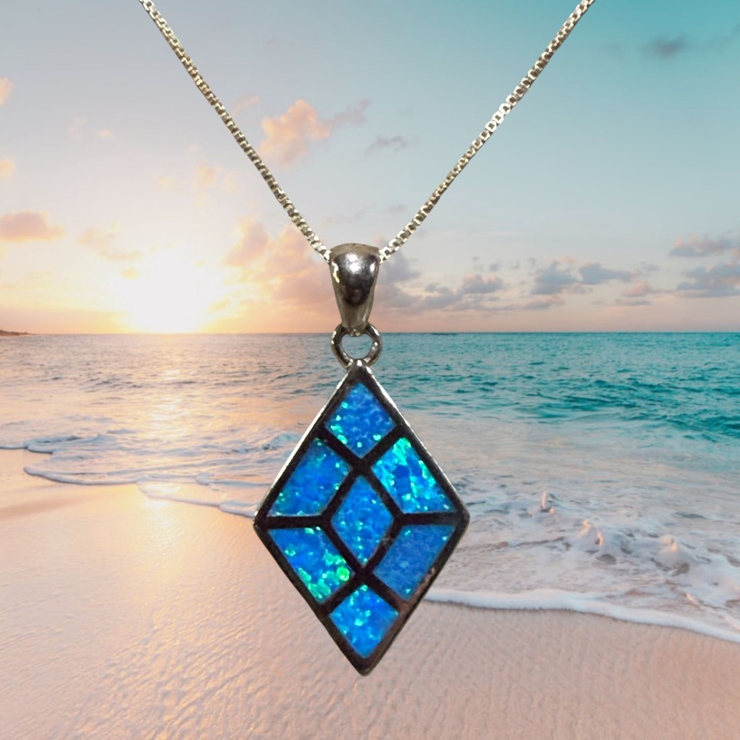 Diamond Shape Blue Fire Opal S/S Pendant