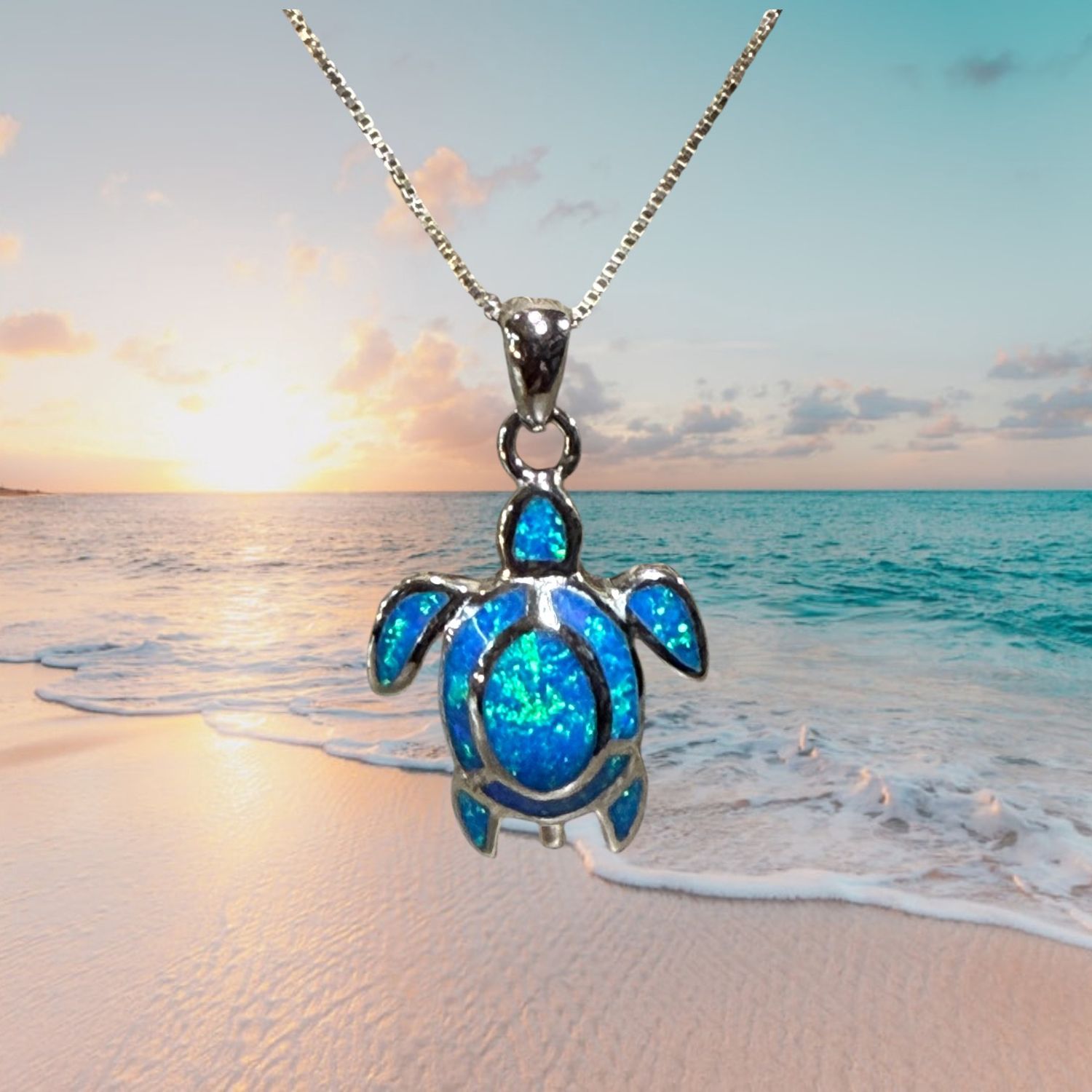Blue Fire Opal Sea Turtle S/S Pendant