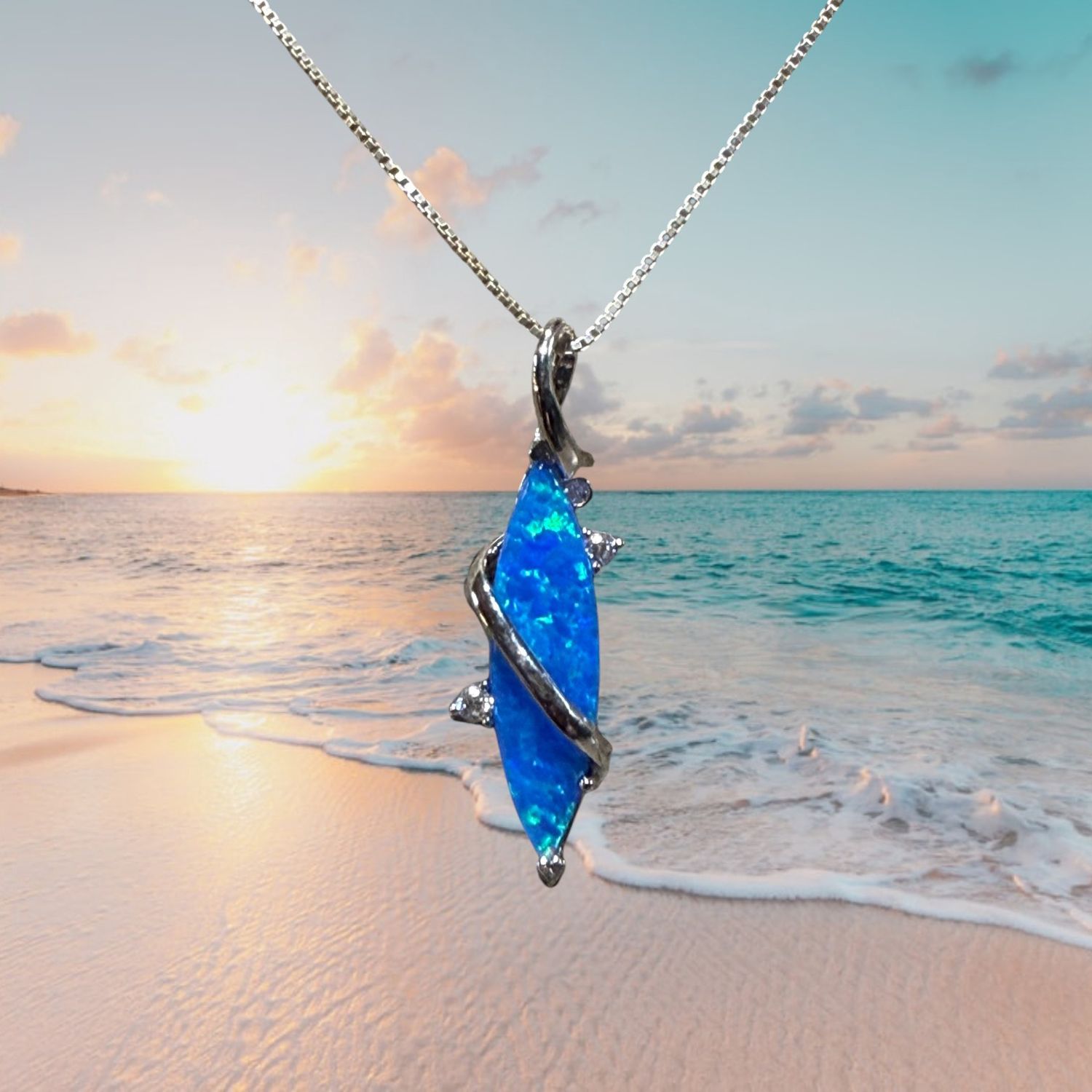 Blue Fire Opal/CZ Wrapped S/S Pendant