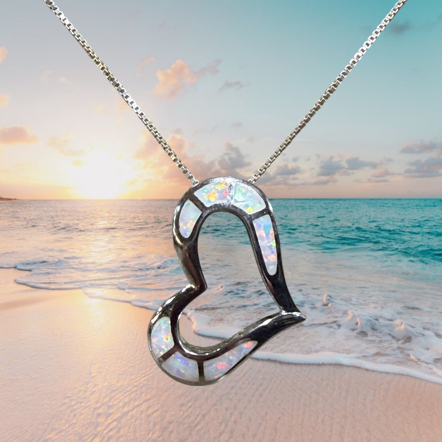 White Fire Opal Open Heart S/S Pendant