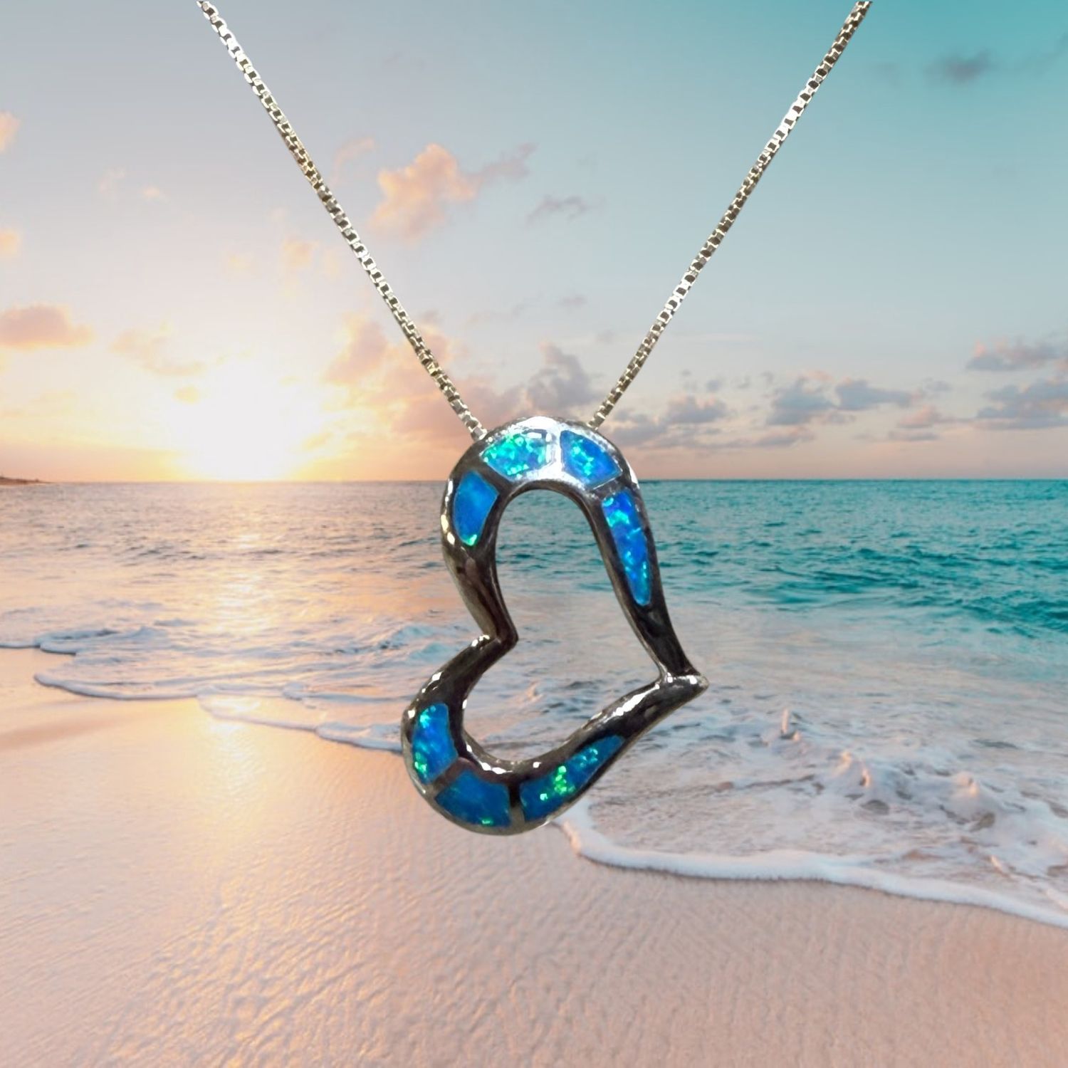 Blue Fire Opal Open Heart Sterling SilverPendant