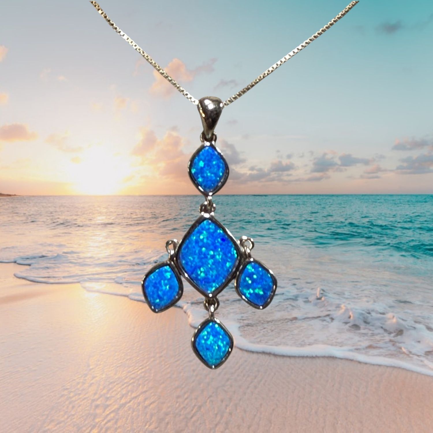 Blue Fire Opal 5 Drop S/S Pendant