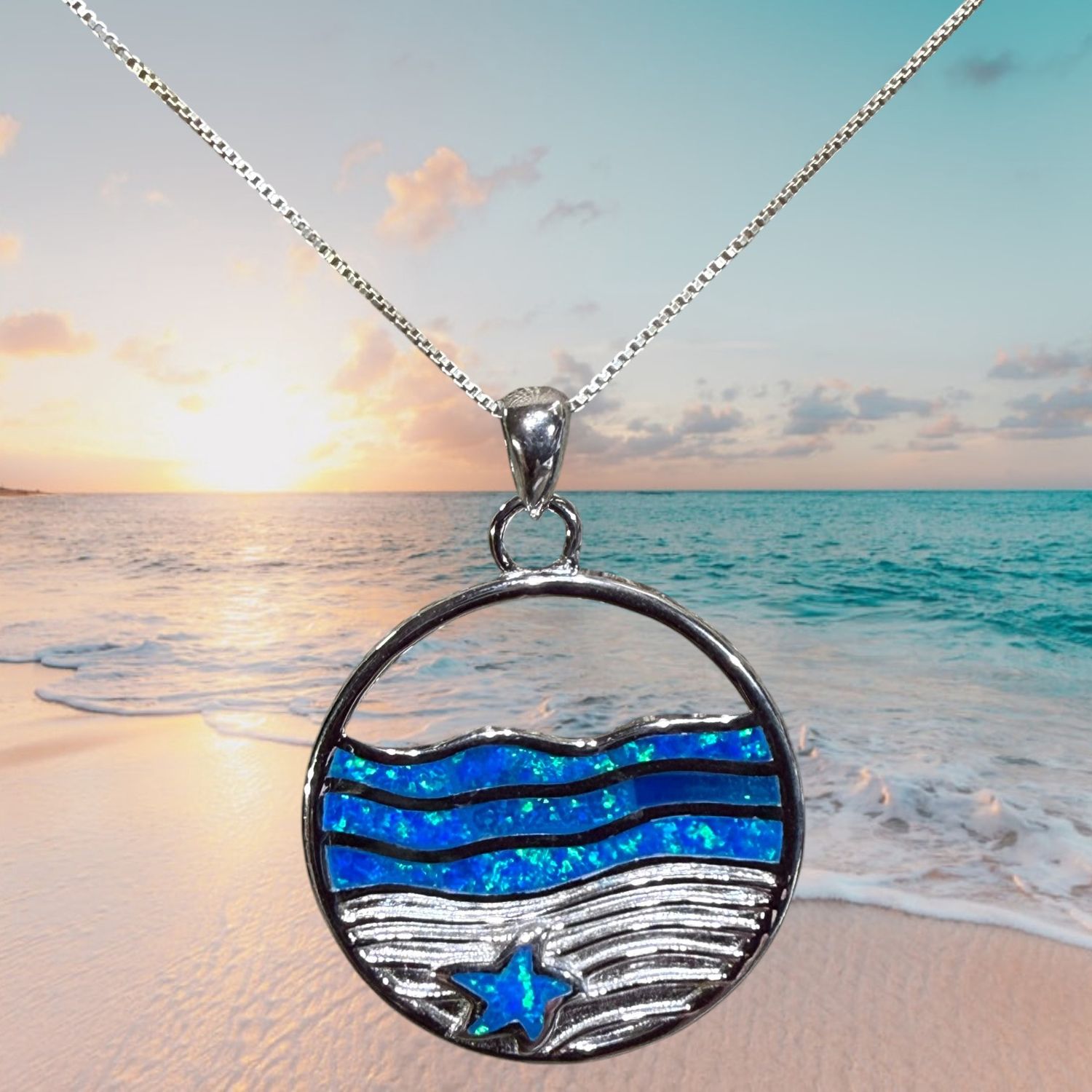 Blue Fire Opal Waves/Starfish S/S Pendant