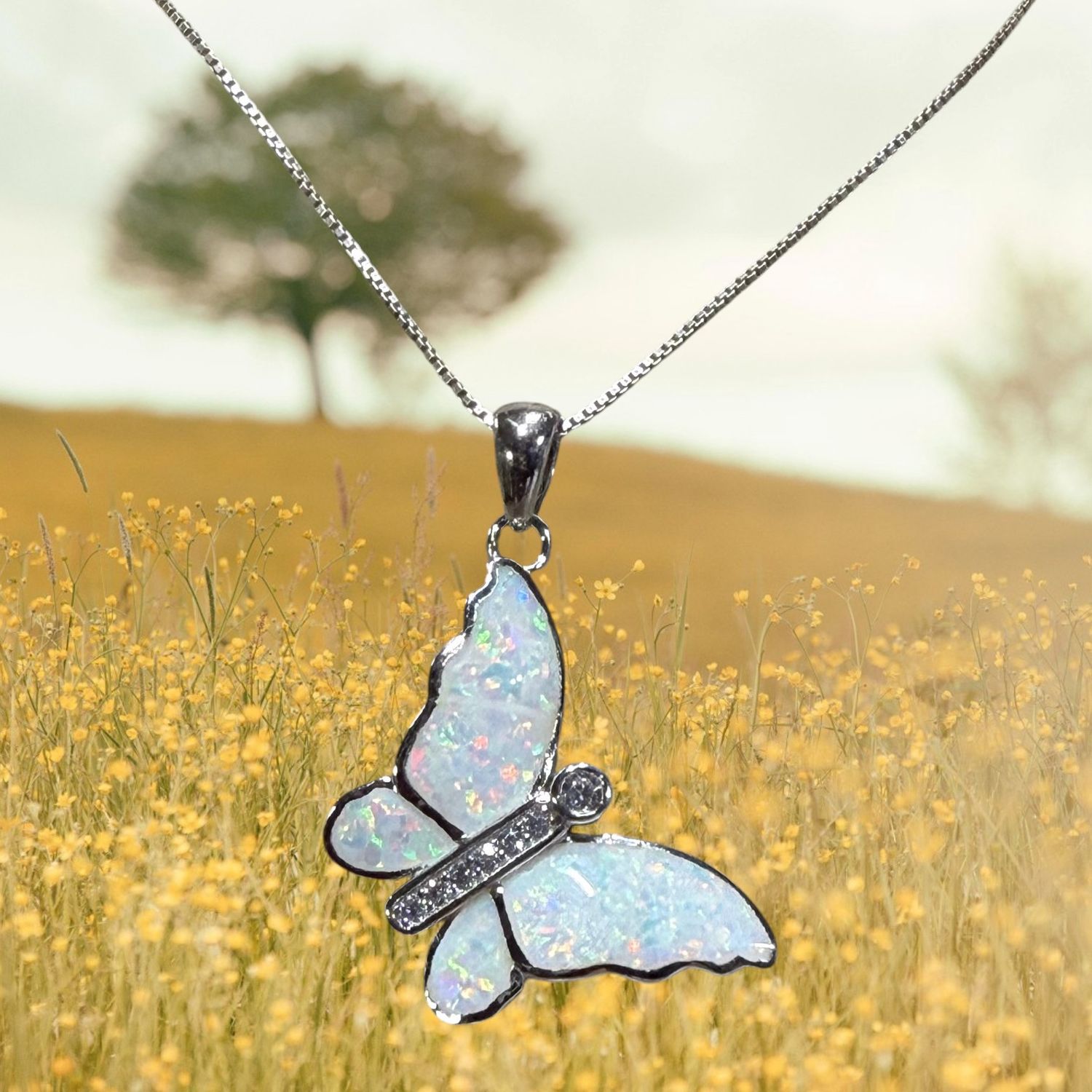 White Fire Opal/CZ Butterfly S/S Pendant