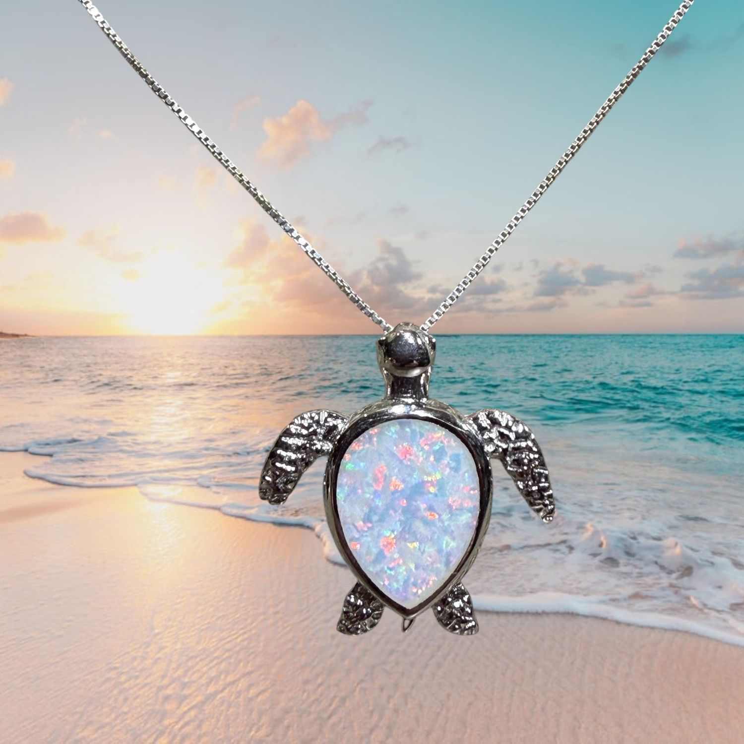 White Fire Opal Sea Turtle S/S Pendant