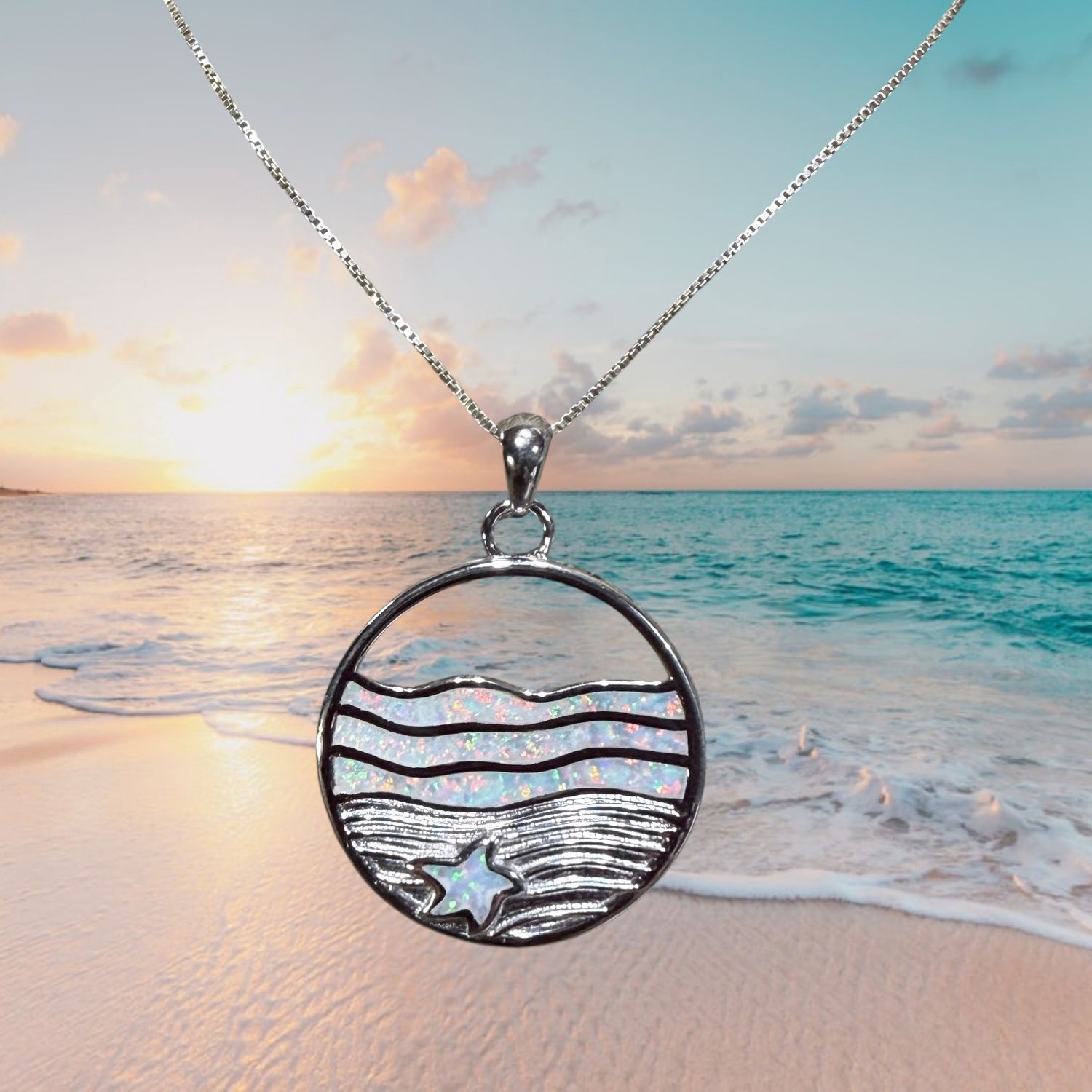 White Fire Opal Waves/Starfish S/S Pendant