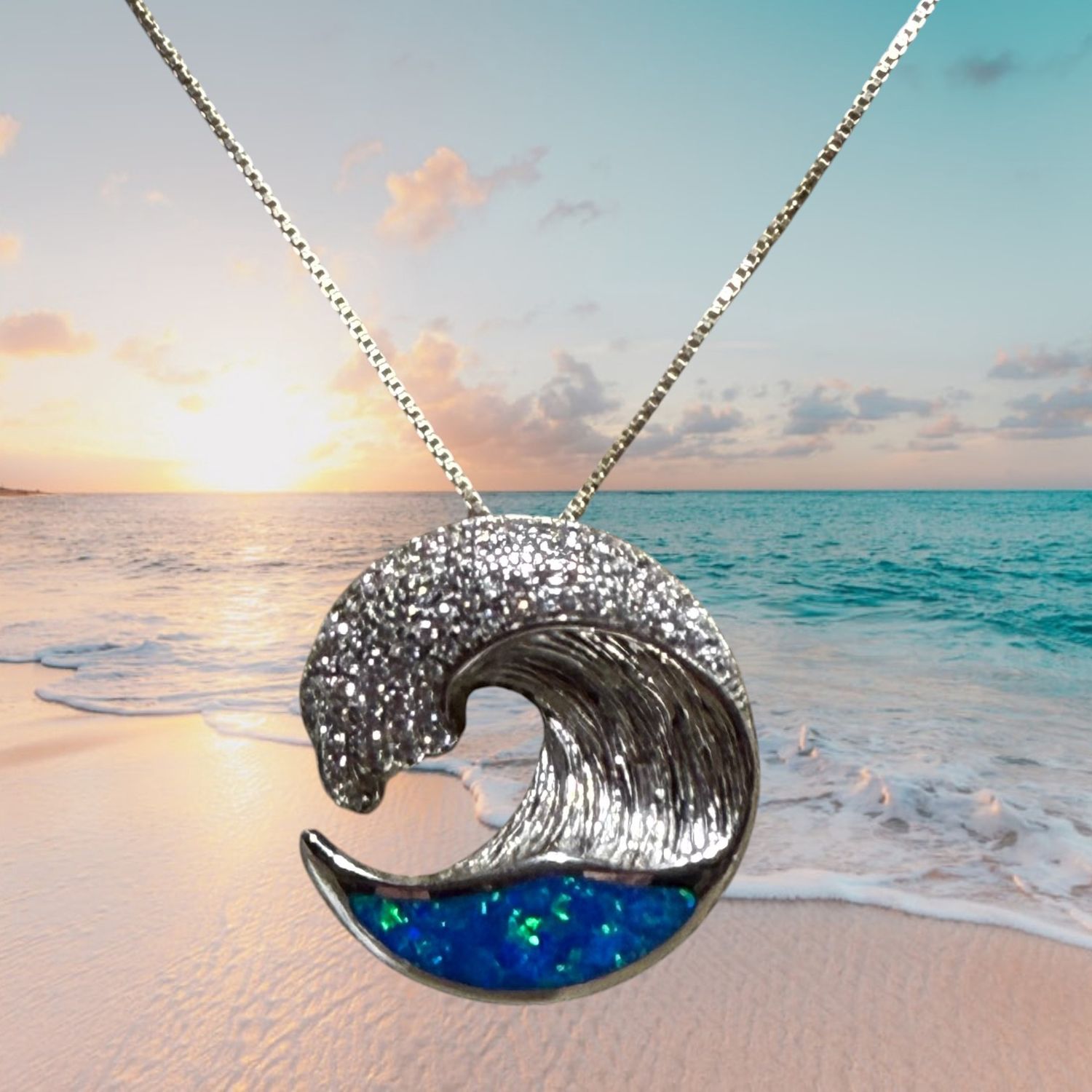 CZ/Blue Fire Opal Big Wave S/S Pendant