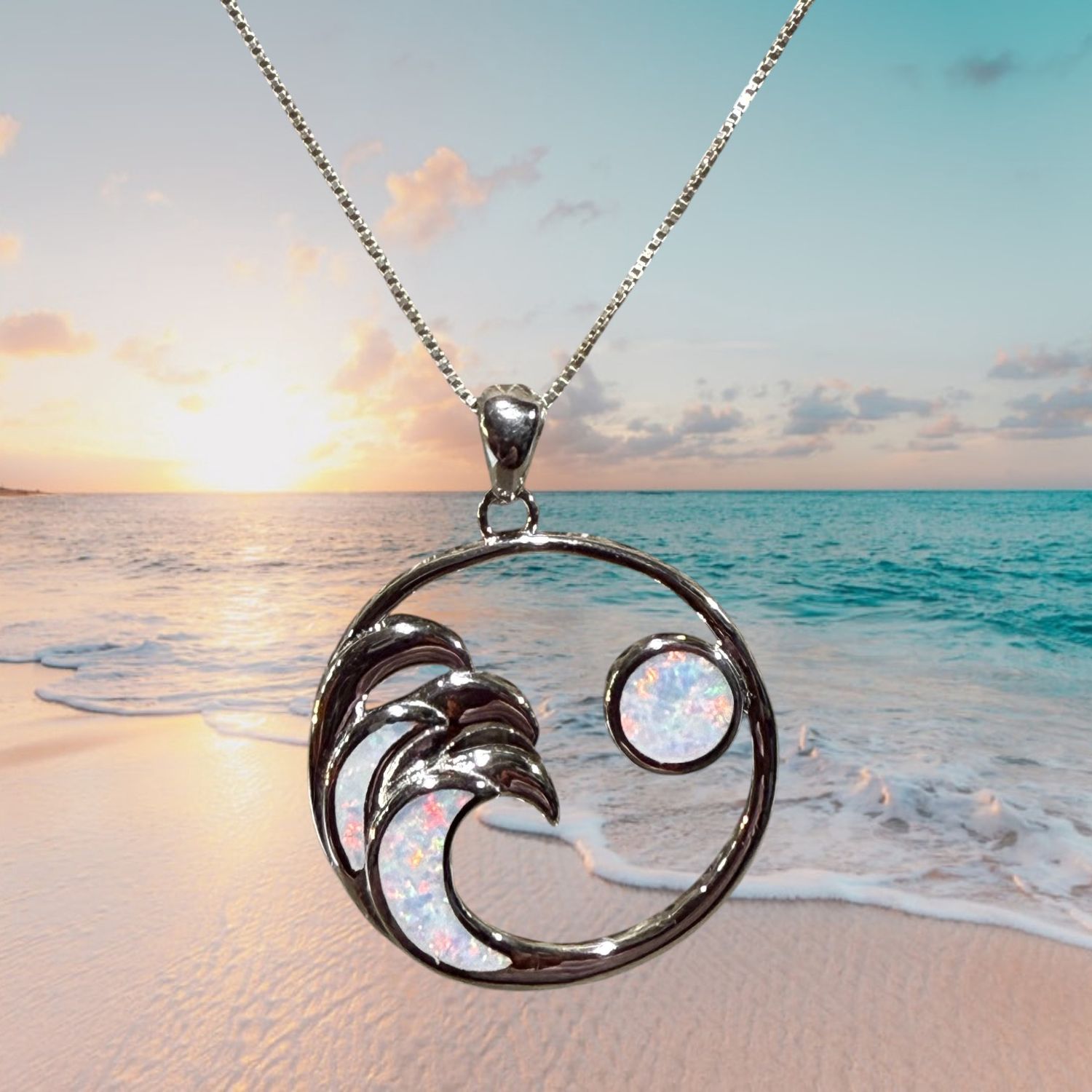 White Fire Opal Waves and Moon S/S Pendant