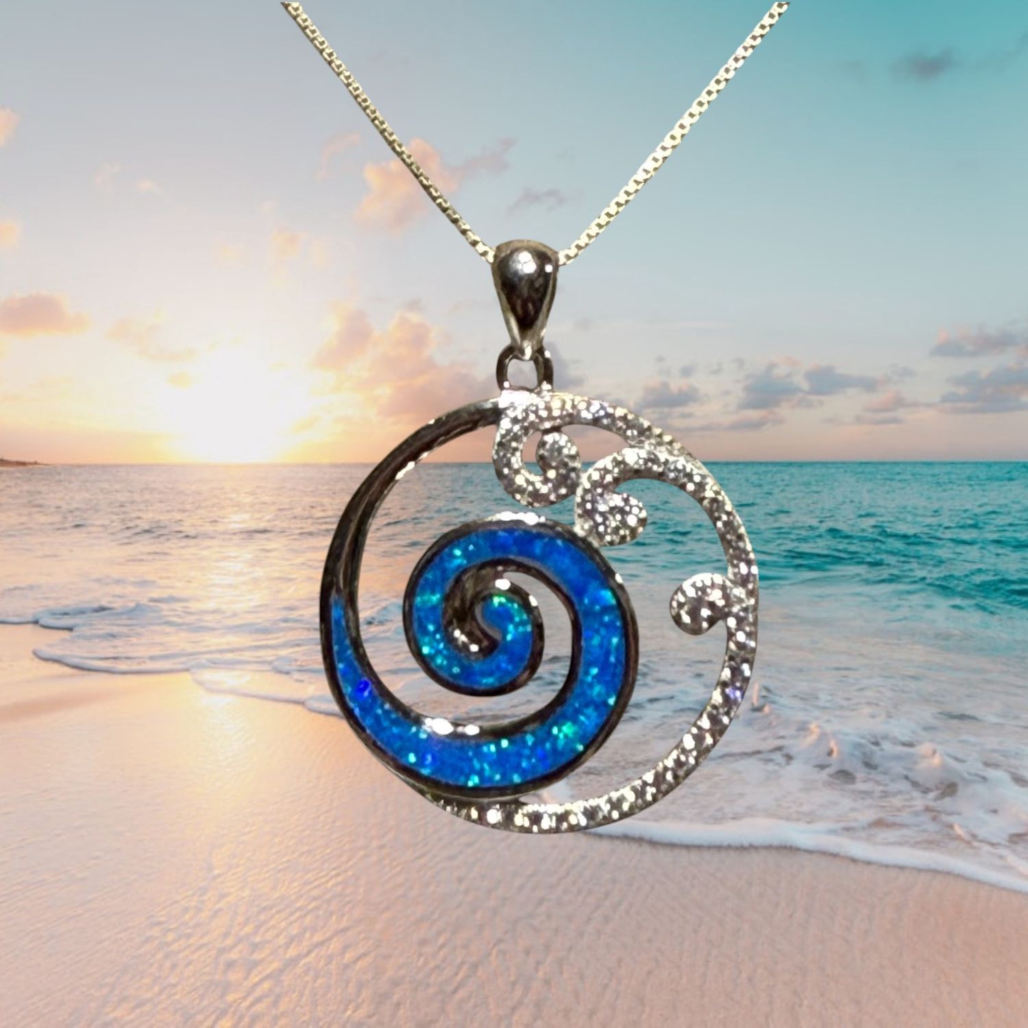 Blue Fire Opal/CZ Swirl Wave Pendant
