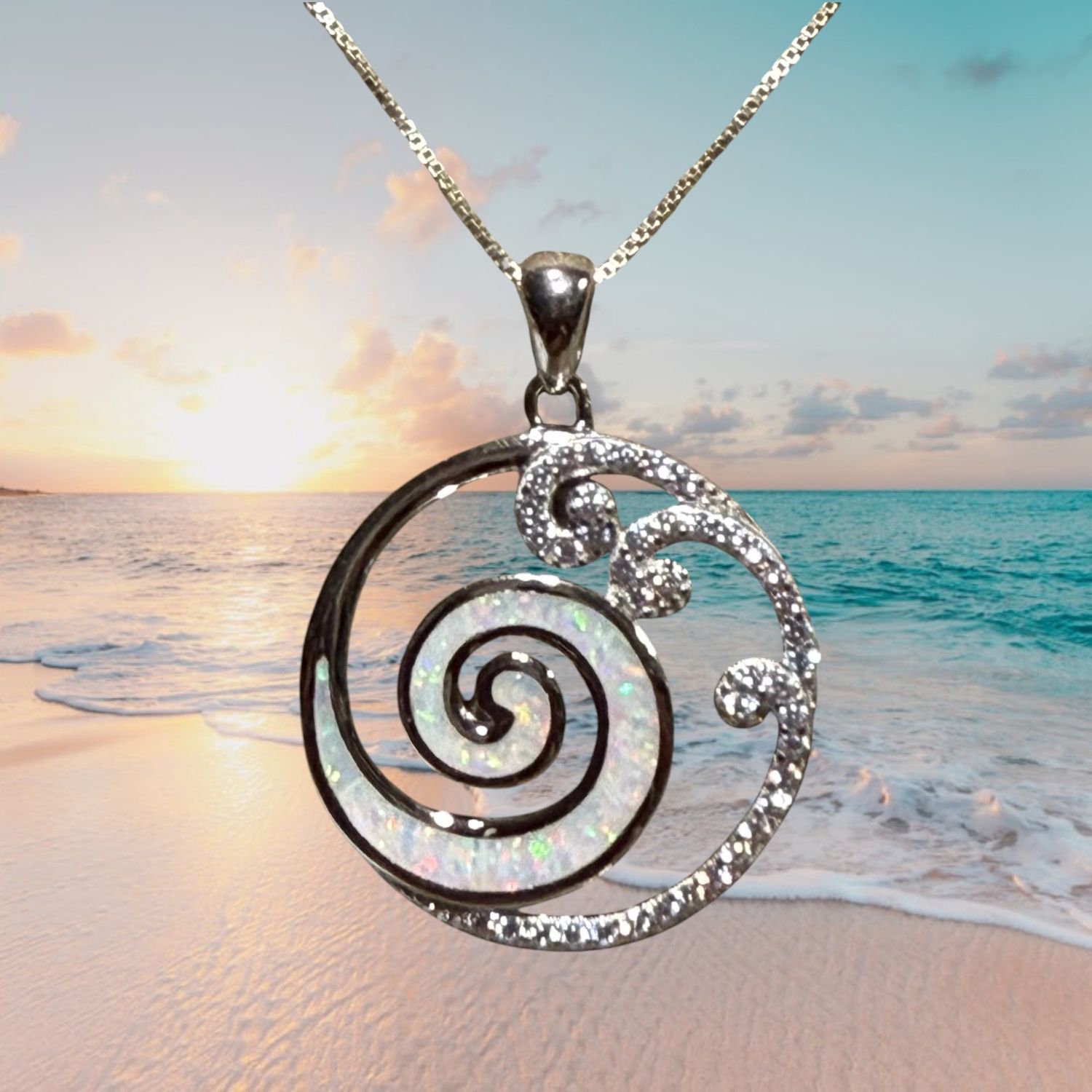 White Fire Opal/CZ  Swirl Wave S/S Pendant