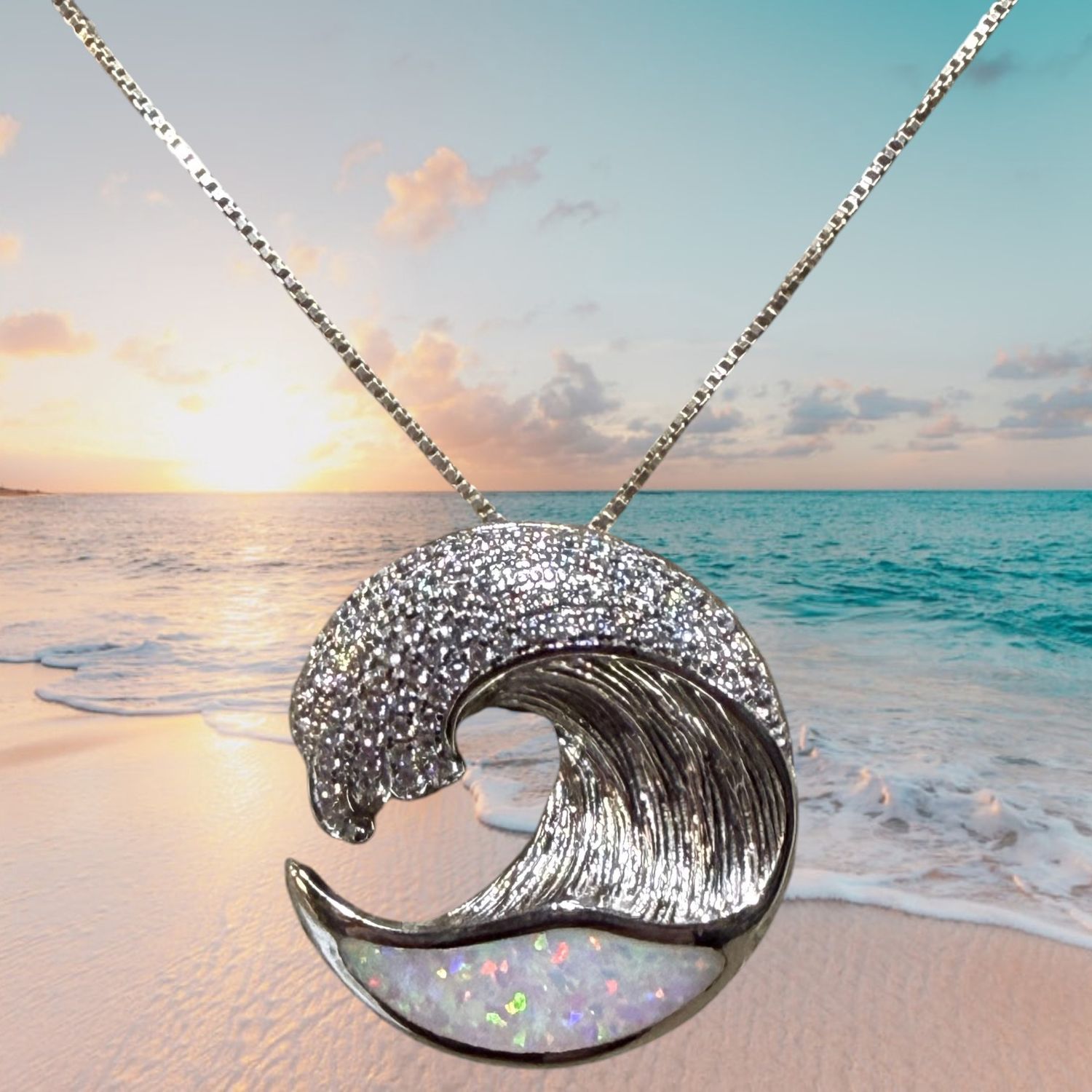 CZ/White Fire Opal Big Wave S/S Pendant
