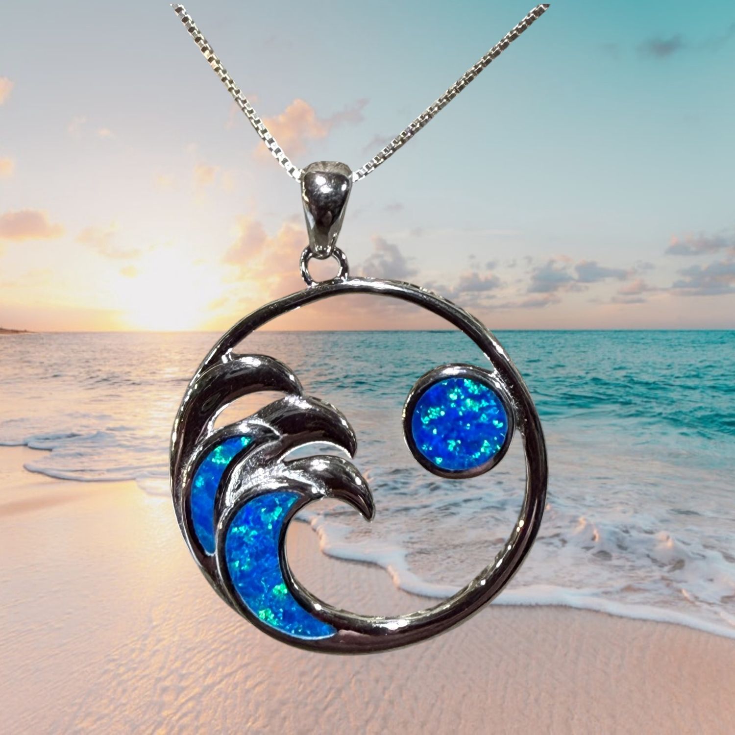 Blue Fire Opal Waves and Moon S/S Pendant