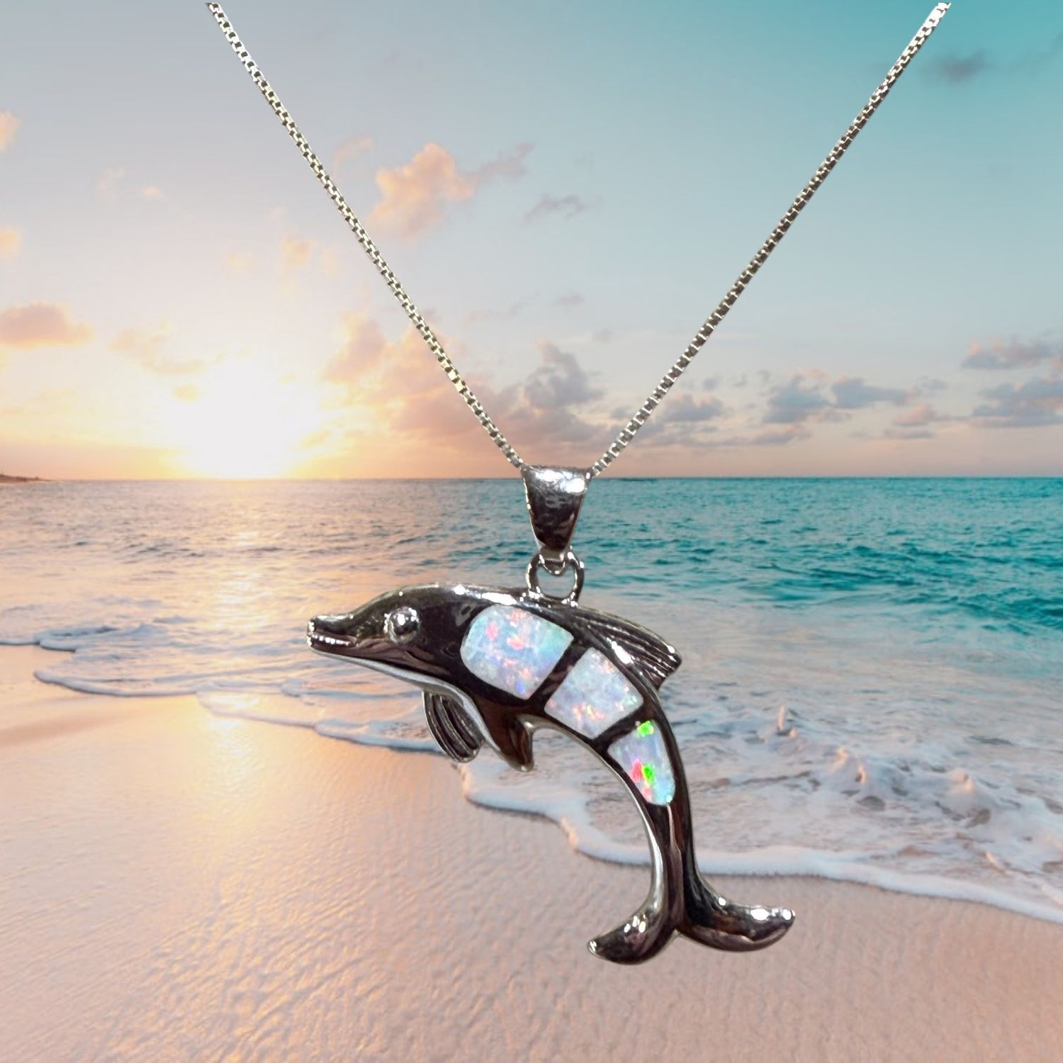 White Fire Opal Dolphin S/S Pendant