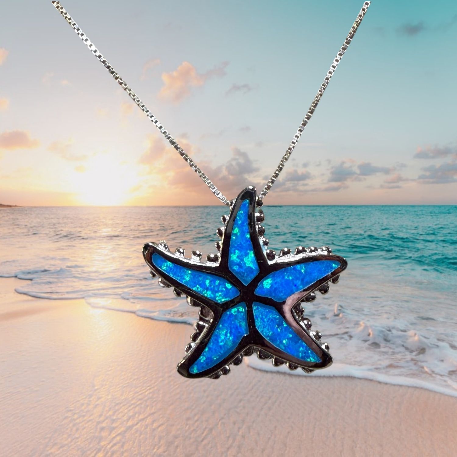 Blue Fire Opal Beaded Starfish S/S Pendant