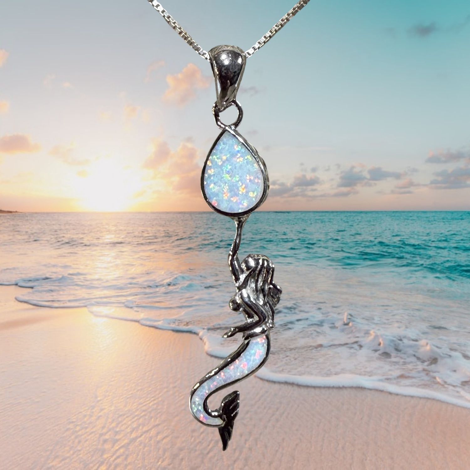 White Fire Opal Mermaid Drop S/S Pendant