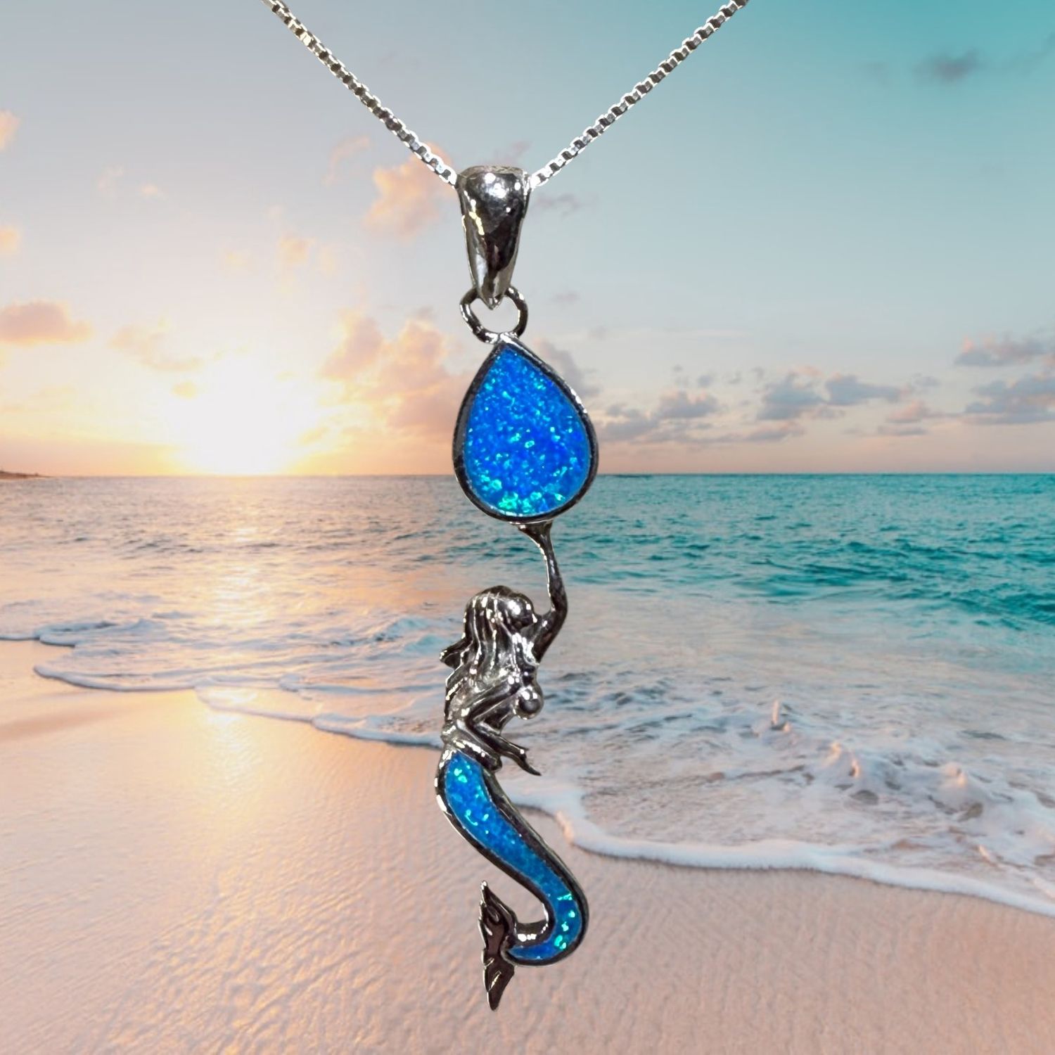 Blue Fire Opal Mermaid Drop S/S Pendant