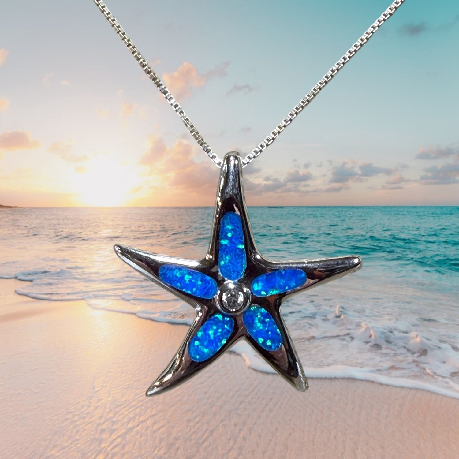 Blue Fire Opal/CZ Accent Starfish S/S Pendant