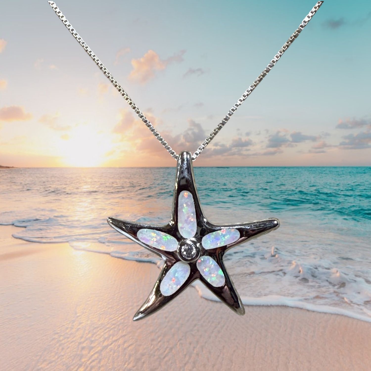 White Fire Opal/CZ Accent Starfish S/S Pendant
